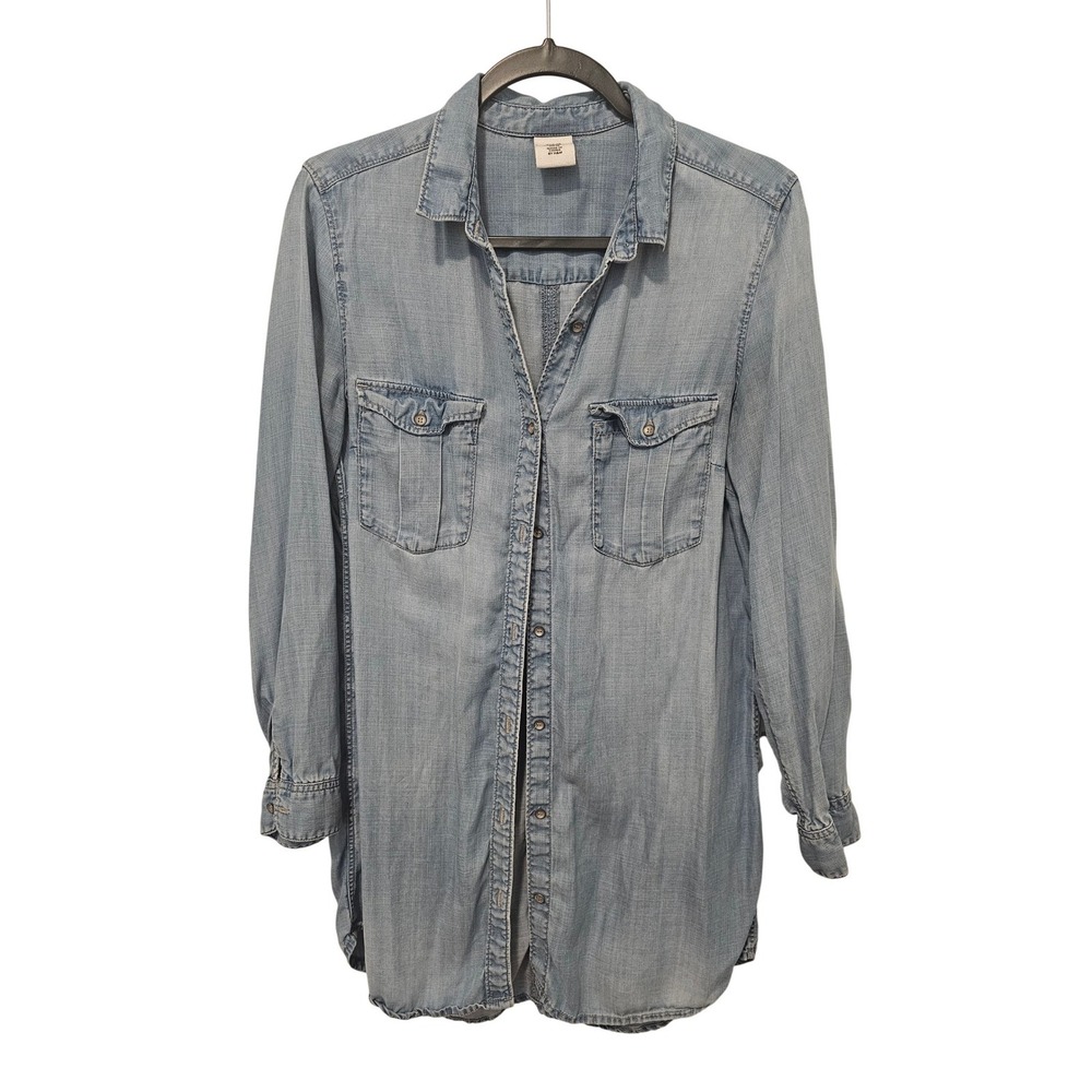 H&M Soft Lightweight Chambray Tunic Dress 100% Lyocell Button Down W Size 10